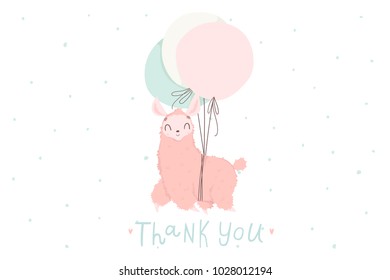 Cute Little pink lama hand drawn illustration could use as card, tag, poster, label template design. Thank you card