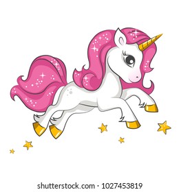 Cute little pink  magical unicorn. Vector design on white background. Print for t-shirt. Romantic hand drawing illustration for children.