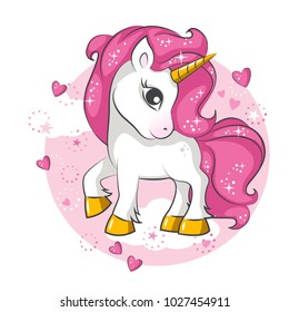 Cute little pink  magical unicorn. Vector design on white background. Print for t-shirt. Romantic hand drawing illustration for children.