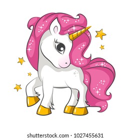 Cute little pink  magical unicorn. Vector design on white background. Print for t-shirt. Romantic hand drawing illustration for children.