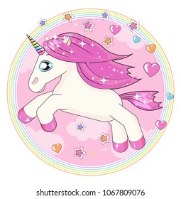 Cute little pink magical unicorn. Vector design on white background. Print for t-shirt. Romantic hand drawing illustration for children.