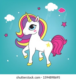 Cute little pink magical unicorn. Vector design on white background. Print for t-shirt. Romantic hand drawing illustration for children.