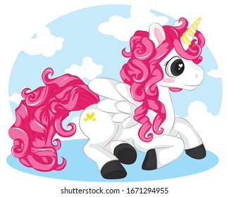 Cute little pink magical unicorn in the sky. Vector design on white background. Print for t-shirt. Romantic hand drawing illustration for children.