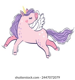 Cute little pink magical unicorn. Vector hand drawing illustration isolated on white background