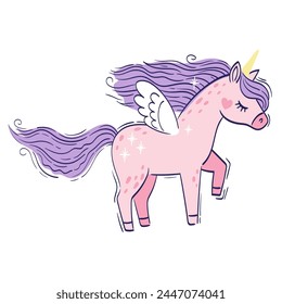 Cute little pink magical unicorn. Vector hand drawing illustration isolated on white background