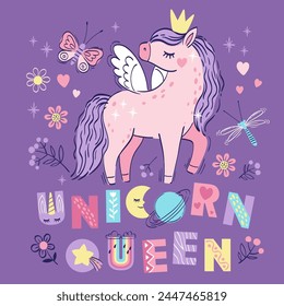 Cute little pink magical unicorn and text unicorn queen. Vector hand drawn illustration for children