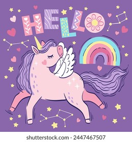 Cute little pink magical unicorn and text hello. Vector hand drawn illustration for children