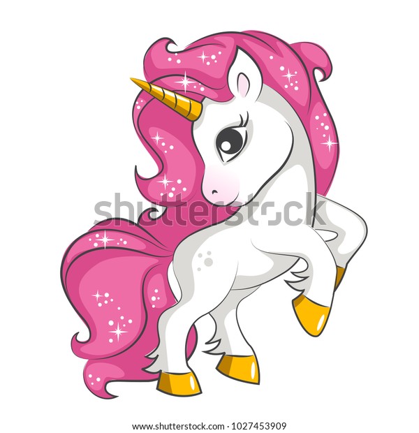 Cute little pink  magical unicorn. Vector\
design on white background. Print for t-shirt. Romantic hand\
drawing illustration for\
children.