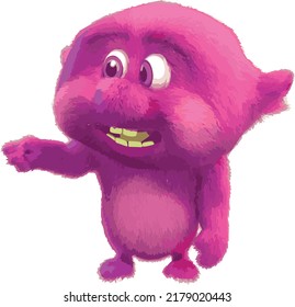 Cute little pink Monster 3D Character Mascot design pointing right