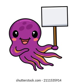 Cute little pink octopus cartoon with blank plank sign