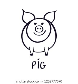 Cute little pink pig vector illustration. Hand drawn doodle line art. Black sketch isolated on white