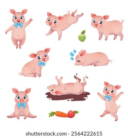 Cute little pink pigs. Cartoon farm animals characters, different actions, poses and emotions, funny kids pet mascot, sticker pack. Domestic mammals, childish creature, vector isolated set