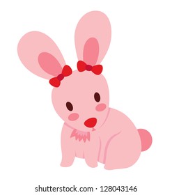 A cute little pink rabbit with two red ribbon on the ears.