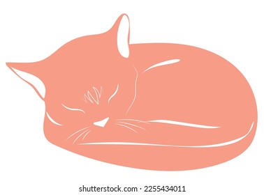 Cute little pink sleeping cat. Vector silhouette isolated on white background