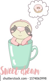 Cute little pink sloth sleeps in a cup of coffee. Character dreams about donuts. Vector illustration