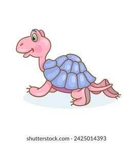 Cute little pink turtle crawling. Vector illustration in cartoon style. Isolated on white background.