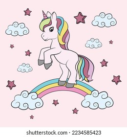 Cute little pink unicorn with cloud and stars vector illustration.