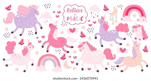 Cute little pink unicorn fantasy fairytale character set with believe in magic inspiration phrase. Baby shower, birthday party girlish design element with heart, rainbow, butterfly vector illustration