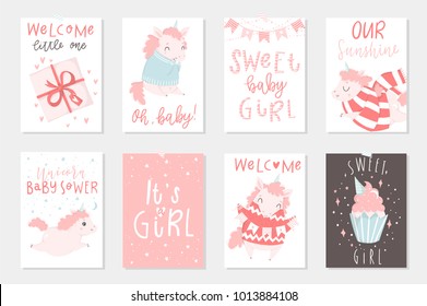 Cute Little pink unicorn hand drawn illustrations, could use as card, tag, poster, label template design. Valentines day, cute girl or baby shower room decor element or invitation