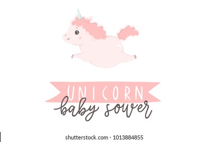 Cute Little pink unicorn hand drawn illustration could use as card, tag, poster, label template design. Valentines day, cute girl or baby shower room decor element or invitation