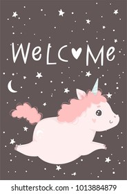 Cute Little pink unicorn hand drawn illustration could use as card, tag, poster, label template design. Valentines day, cute girl or baby shower room decor element or invitation