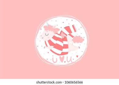 Cute Little pink unicorn hand drawn illustration could use as card, tag, poster, label template design. Valentines day, cute girl or baby shower room decor element or invitation