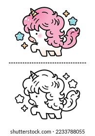 Cute little pink unicorn. hand drawing illustration for children, isolated on white.