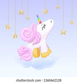 Cute little pink unicorn  on clouds with stars.  Vector illustration.