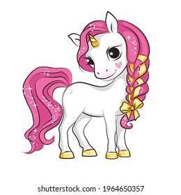 Cute little pinr unicorn. Cartoon illustration. isolated. Beautiful picture for your design.