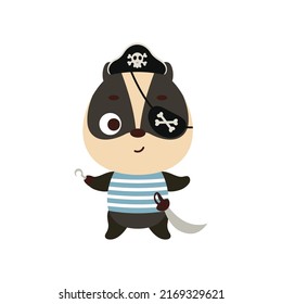 Cute little pirate badger with hook and blindfold. Cartoon animal character for kids t-shirts, nursery decoration, baby shower, greeting card, invitation, house interior. Vector stock illustration