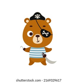 Cute little pirate bear with hook and blindfold. Cartoon animal character for kids t-shirts, nursery decoration, baby shower, greeting card, invitation, house interior. Vector stock illustration