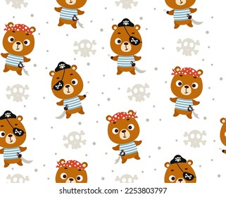 Cute little pirate bear seamless childish pattern. Funny cartoon animal character for fabric, wrapping, textile, wallpaper, apparel. Vector illustration