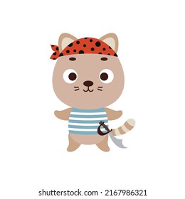 Cute little pirate cat. Cartoon animal character for kids t-shirts, nursery decoration, baby shower, greeting card, invitation, house interior. Vector stock illustration