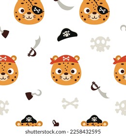 Cute little pirate cheetah head seamless childish pattern. Funny cartoon animal character for fabric, wrapping, textile, wallpaper, apparel. Vector illustration