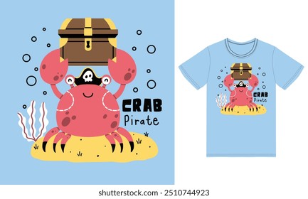 Nette kleine Piraten Krabbe Illustration mit Hemd Design Premium Vektor das Konzept der isolierten Technologie. Flat Cartoon Style Geeignet für Landing Web Pages, T-Shirt, Flyer, Aufkleber