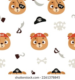 Cute little pirate dog head seamless childish pattern. Funny cartoon animal character for fabric, wrapping, textile, wallpaper, apparel. Vector illustration
