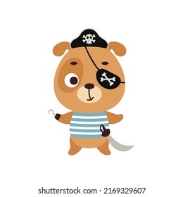 Cute little pirate dog with hook and blindfold. Cartoon animal character for kids t-shirts, nursery decoration, baby shower, greeting card, invitation, house interior. Vector stock illustration