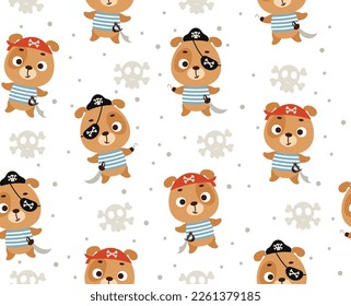 Cute little pirate dog seamless childish pattern. Funny cartoon animal character for fabric, wrapping, textile, wallpaper, apparel. Vector illustration