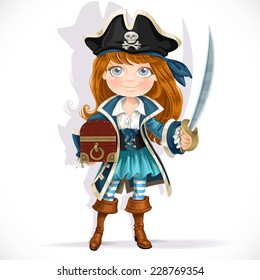 Cute little pirate girl with cutlass and treasure chest isolated on a white background