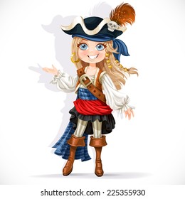 Cute little pirate girl isolated on a white background