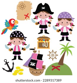 Cute little pirate girl vector cartoon illustration