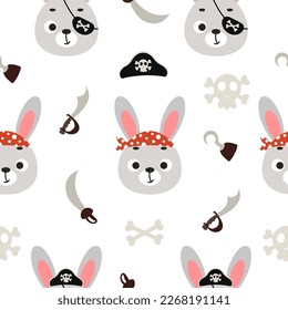 Cute little pirate hare face seamless childish pattern. Funny cartoon animal character for fabric, wrapping, textile, wallpaper, apparel. Vector illustration