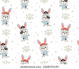 Cute little pirate hare seamless childish pattern. Funny cartoon animal character for fabric, wrapping, textile, wallpaper, apparel. Vector illustration