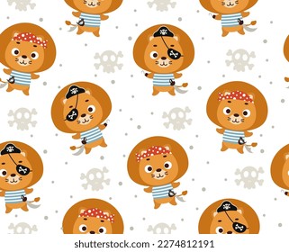 Cute little pirate lion seamless childish pattern. Funny cartoon animal character for fabric, wrapping, textile, wallpaper, apparel. Vector illustration