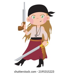 Cute little pirate on white background for kids fashion artworks, children books, birthday invitations, greeting cards, posters. Fantasy cartoon vector illustration.