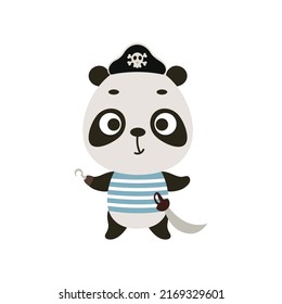 Cute little pirate panda with hook and blindfold. Cartoon animal character for kids t-shirts, nursery decoration, baby shower, greeting card, invitation, house interior. Vector stock illustration