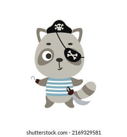 Cute little pirate raccoon with hook and blindfold. Cartoon animal character for kids t-shirts, nursery decoration, baby shower, greeting card, invitation, house interior. Vector stock illustration