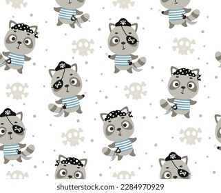 Pequeño y lindo racconón pirata sin fisuras patrón infantil. Caricatura divertida de carácter animal para tela, envoltura, textil, papel pintado, vestimenta. Ilustración del vector