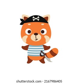 Cute little pirate red panda. Cartoon animal character for kids t-shirts, nursery decoration, baby shower, greeting card, invitation, house interior. Vector stock illustration