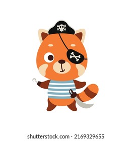 Cute little pirate red panda with hook and blindfold. Cartoon animal character for kids t-shirts, nursery decoration, baby shower, greeting card, invitation, house interior. Vector stock illustration